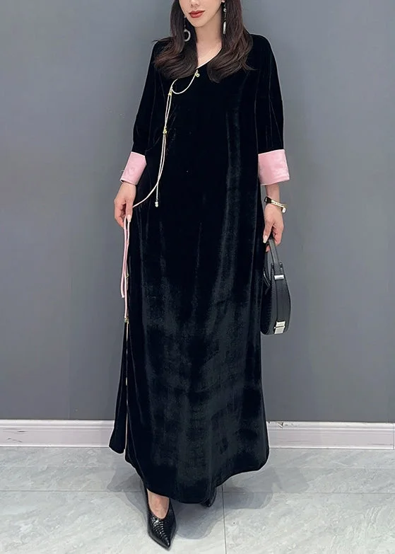 Discount Deals Women Black Lace Up Side Open Patchwork Velour Long Dress Fall