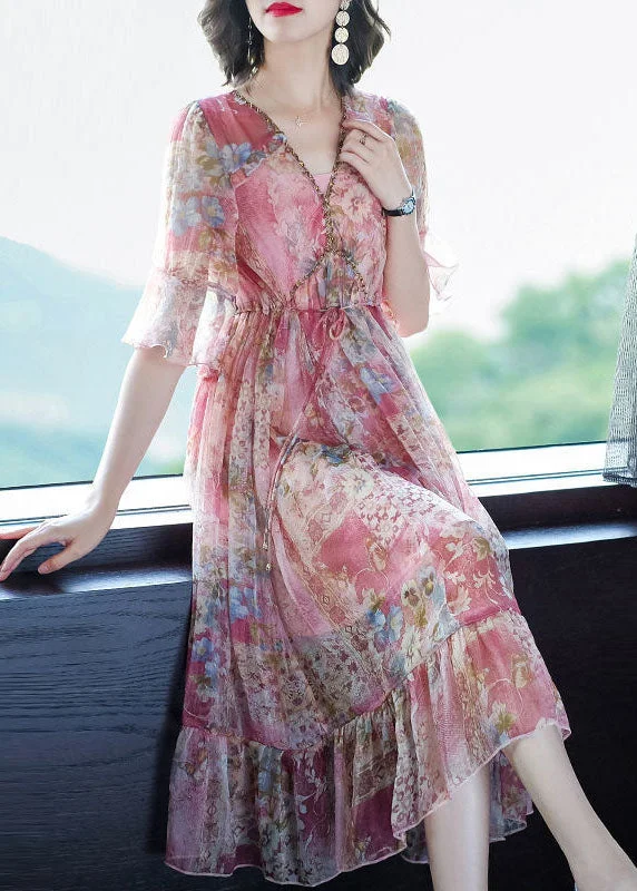 Deal Alert Bohemian Pink V Neck Print Chiffon Long Dresses Summer
