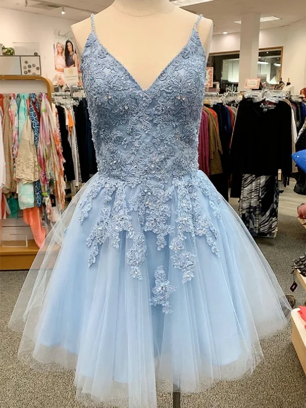 Lowest Price A Line V Neck Blue Lace Appliques Short Prom Dresses Homecoming Dresses, Blue Lace Formal Graduation Evening Dresses Lowest Price A Line V Neck Blue Lace Appliques Short Prom Dresses Homecoming Dresses, Blue Lace Formal Graduation Evening Dresses