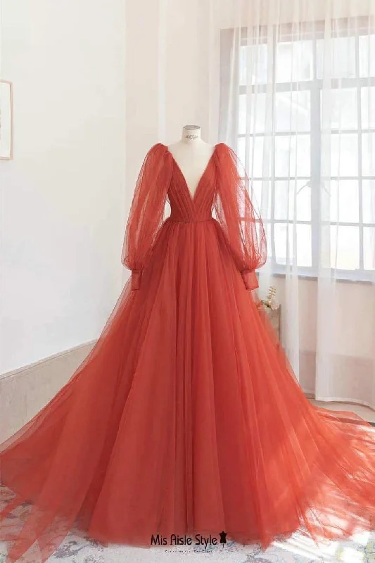 flowy evening dressflowy evening dressLong Sleeve Orange Red Wedding Dress