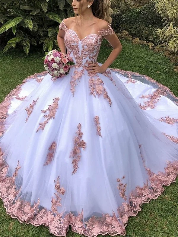 Stock Clearance Off the Shoulder White Lace Long Prom Dresses, Off Shoulder White Lace Formal Evening Dresses, White Ball Gown Stock Clearance Off the Shoulder White Lace Long Prom Dresses, Off Shoulder White Lace Formal Evening Dresses, White Ball Gown
