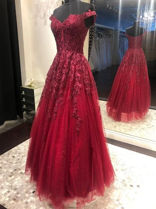 Bargain Bin Off Shoulder Burgundy Lace Long Prom Dresses, Off the Shoulder Burgundy Formal Dresses, Burgundy Evening Dresses SP2167