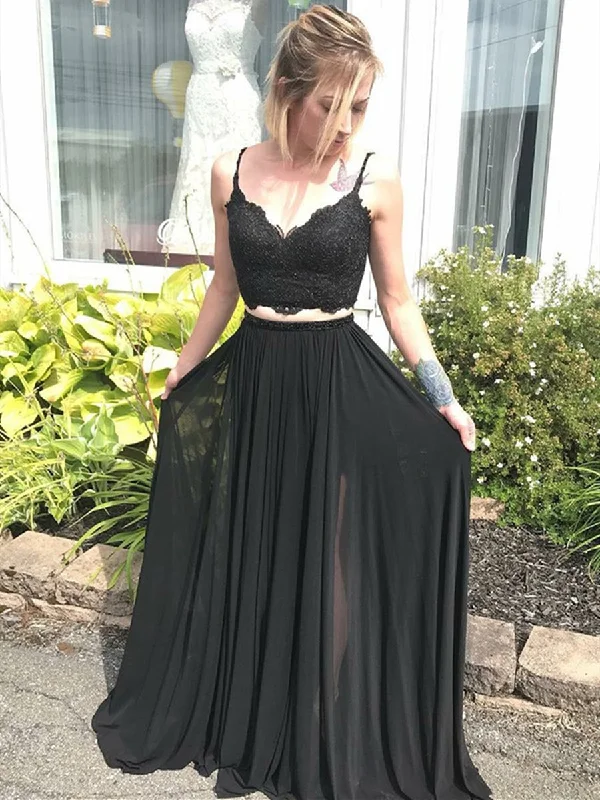 Flash Deals 2 Piece V Neck Spaghetti Straps Black Lace Long Prom Dresses, Black 2 Pieces Graduation Dresses, Black Formal Evening Dresses