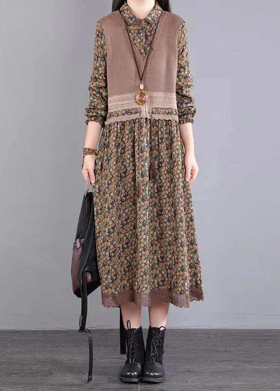 Early Access Vintage Flower Knitted Lace Drawstring Splice Fake Two Piece Dress Autumn