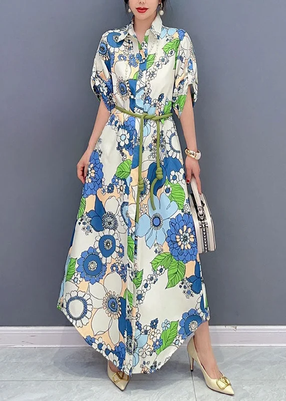 draped dressdraped dressArt Blue Peter Pan Collar Print Cotton Maxi Shirts Dresses Summer