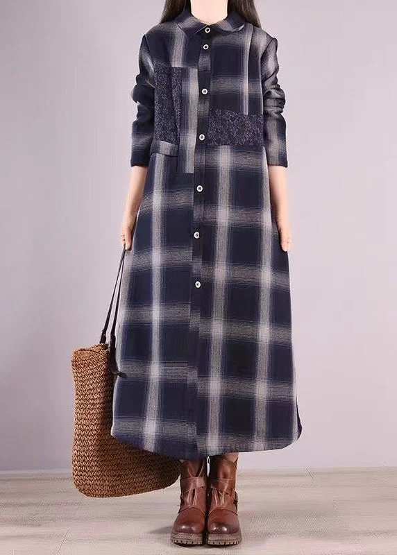 Savings Galore Original Navy Peter Pan Collar Plaid Warm Fleece Shirts Dress Fall