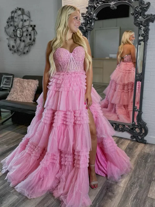 ruched dressruched dressStrapless Pink Lace Long Prom Dresses with High Slit, Layered Pink Formal Graduation Evening Dresses SP2902