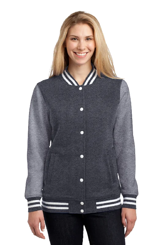 Deep Discounts Sport-Tek Womens Snap Down Fleece Letterman Jacket - Heather Graphite Grey/Heather Vintage Grey - Closeout Deep Discounts Sport-Tek Womens Snap Down Fleece Letterman Jacket - Heather Graphite Grey/Heather Vintage Grey - Closeout