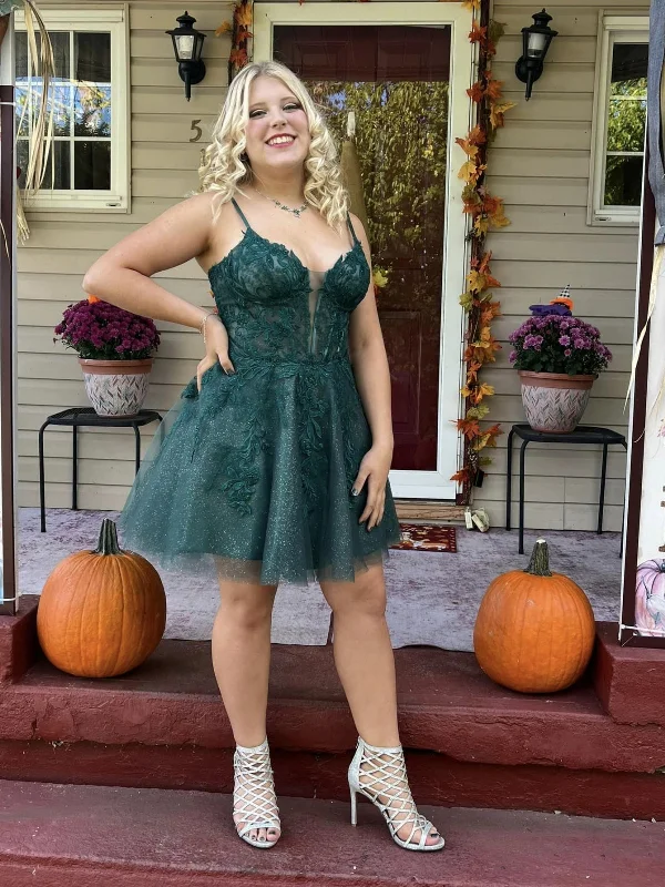 party dressparty dressA Line V Neck Green Lace Short Prom Dresses, Green Lace Homecoming Dresses, Green Formal Graduation Evening Dresses SP3024