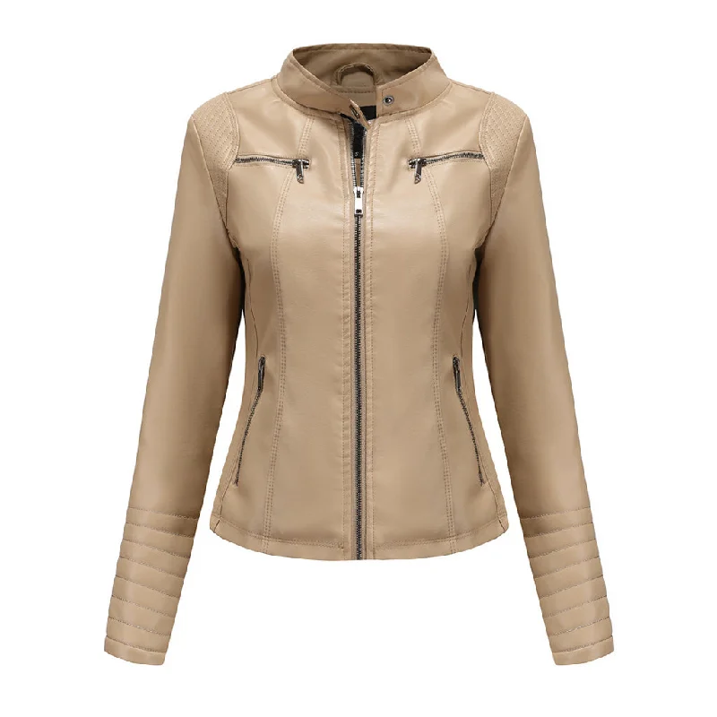 Today Only Minimalist Stand Collar Long Sleeve Zip Up Slim Fit Vegan Leather Biker Jacket