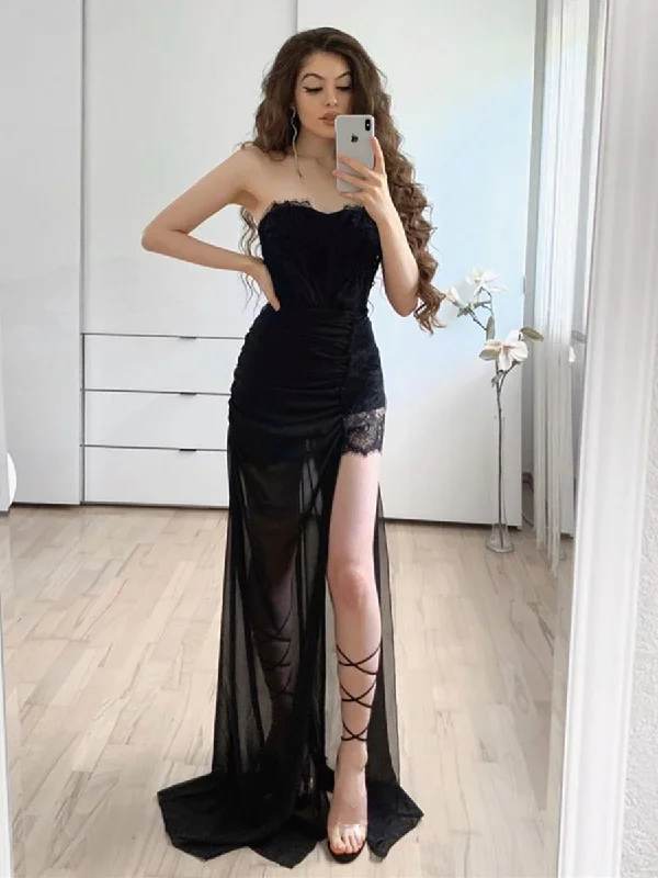 summer dresssummer dressStrapless Long Black Lace Prom Dresses with High Slit, Black Lace Formal Graduation Evening Dresses