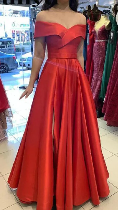 chic dresschic dressOff Shoulder Sleeve Sexy Slit Red Prom Dress