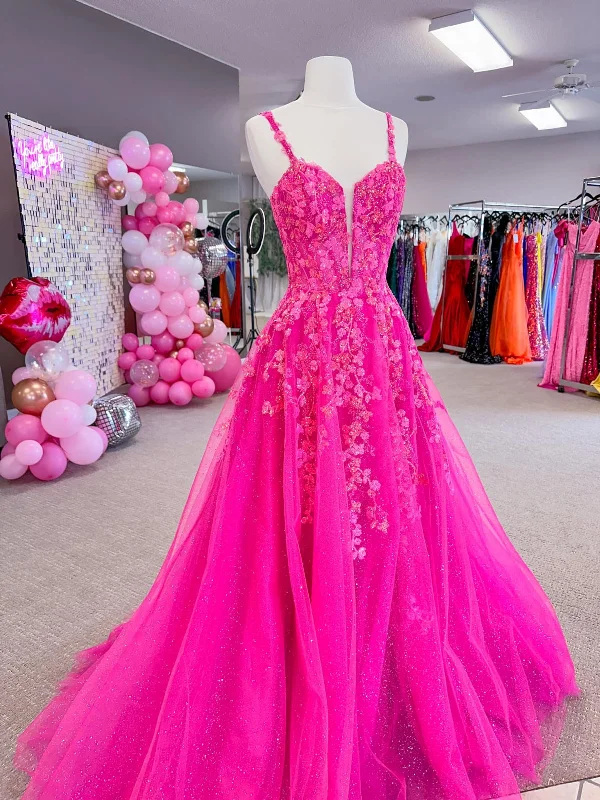 sleeveless dresssleeveless dressA Line V Neck Hot Pink Lace Long Prom Dresses, Hot Pink Lace Formal Dresses, Long Hot Pink Tulle Evening Dresses SP2977