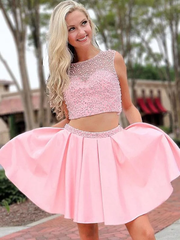 Lowest Price Round Neck 2 Pieces Beades Pink Prom Dresses, Pink 2 Pieces Homecoming Dresses, Pink Short Formal Dresses
