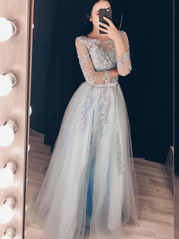 Year-End Clearance Round Neck Long Sleeves Grey Lace Long Prom Dresses, Grey Lace Formal Graduation Evening Dresses