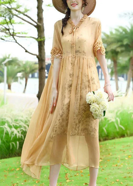 Clearance Items Modern Yellow Ruffled Patchwork Wrinkled Silk Vacation Dresses Summer Clearance Items Modern Yellow Ruffled Patchwork Wrinkled Silk Vacation Dresses Summer