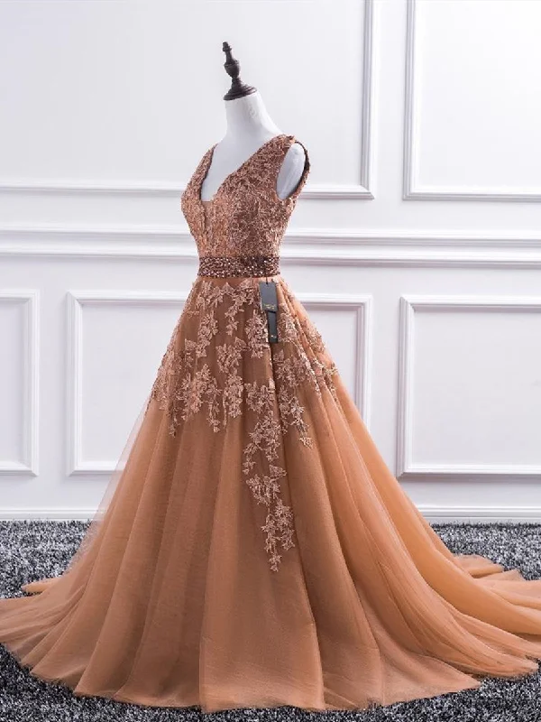 Best Seller Gorgeous V Neck Champagne Lace Long Prom Dresses, Champagne Lace Formal Dresses, Champagne Evening Dresses