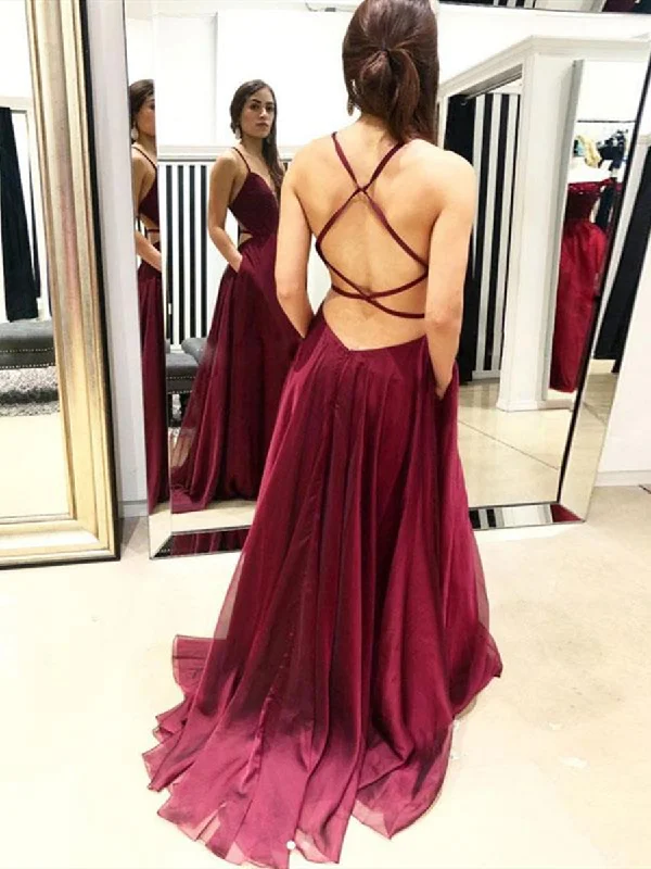 Hot Deal A Line V Neck Backless Burgundy Chiffon Long Prom Dresses with Pocket, Backless Burgundy Formal Graduation Evening Dresses Hot Deal A Line V Neck Backless Burgundy Chiffon Long Prom Dresses with Pocket, Backless Burgundy Formal Graduation Evening Dresses