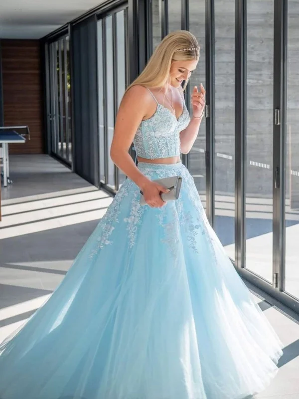 Closeout Sale V Neck Open Back Two Pieces Blue Lace Long Prom Dresses, 2 Pieces Blue Formal Dresses, Blue Lace Evening Dresses SP2129