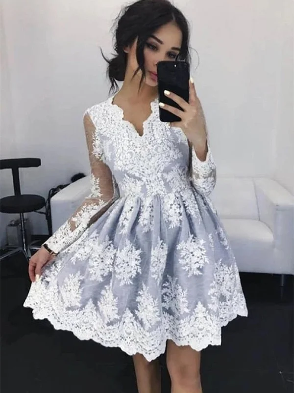 relaxed fit dressrelaxed fit dressV Neck Long Sleeves Gray Lace Short Prom Homecoming Dresses, Gray Lace Formal Graduation Evening Dresses, Grey Cocktail Dresses