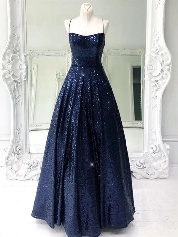 Price Cut Shiny A Line Open Back Navy Blue Long Prom Dresses, Sparkly Backless Navy Blue Formal Evening Dresses Price Cut Shiny A Line Open Back Navy Blue Long Prom Dresses, Sparkly Backless Navy Blue Formal Evening Dresses