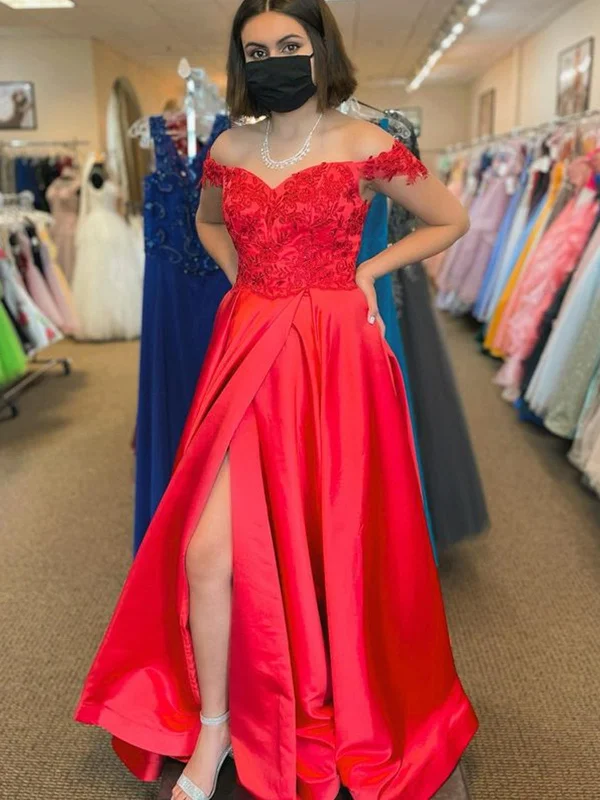 casual slip dresscasual slip dressOff Shoulder Red Lace Long Prom Dresses with High Slit, Red Lace Formal Dresses, Red Evening Dresses SP2379