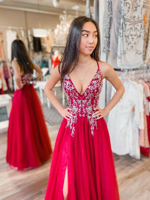 Savings Bonanza A Line V Neck Beaded Red Long Prom Dresses with Slit, V Neck Red Formal Dresses, Red Evening Dresses Savings Bonanza A Line V Neck Beaded Red Long Prom Dresses with Slit, V Neck Red Formal Dresses, Red Evening Dresses