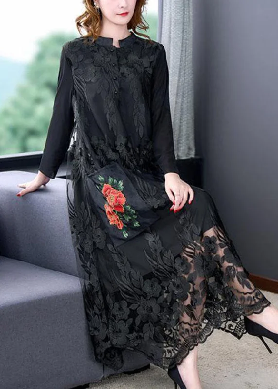 vintage dressvintage dressBohemian Black O-Neck Embroideried Tulle Long Dresses Spring