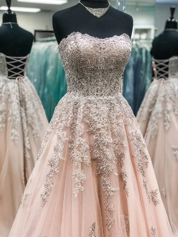 Super Savings Sweetheart Neck Strapless Champagne Lace Long Prom Dresses, Champagne Lace Formal Dresses, Champagne Evening Dresses