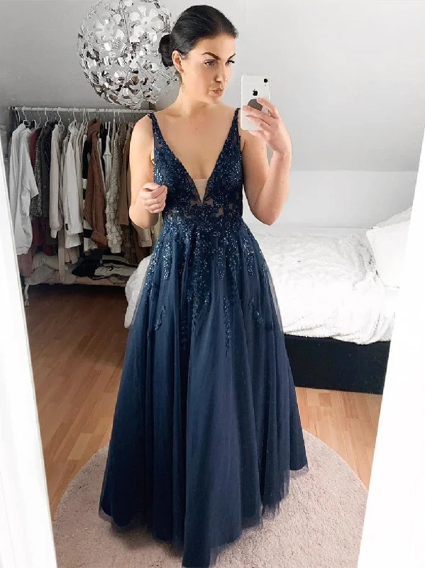Price Cut A Line V Neck Lace Navy Blue Long Prom Dresses, Navy Blue Lace Formal Dresses, Navy Blue Evening Dresses