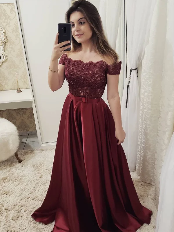 Shop and Save Charming Off Shoulder Burgundy/Green/Blue Lace Long Prom Dresses, Burgundy/Green/Blue Lace Graduation Dresses, Formal Dresses