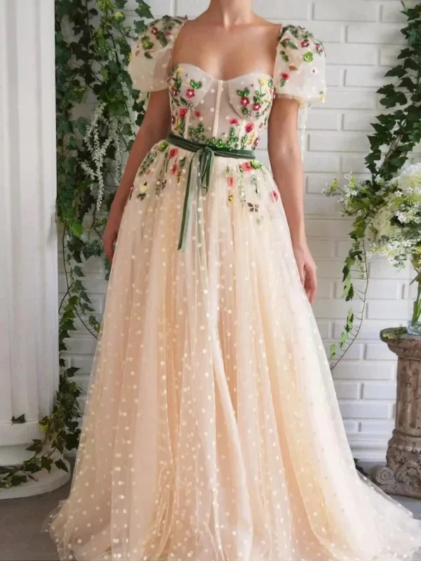 party-ready dressparty-ready dressCap Sleeves Floral Champagne Long Prom Dresses, Long Champagne Formal Graduation Evening Dresses With 3D Flowers SP2643