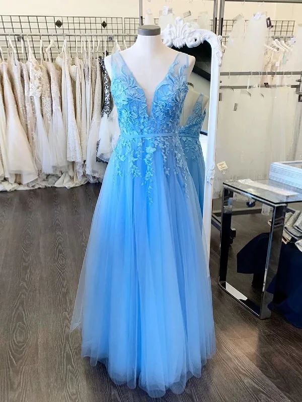 Members Only A Line V Neck Backless Lace Light Blue Long Prom Dresses, V Neck Backless Blue Formal Dresses, Backless Lace Blue Evening Dresses