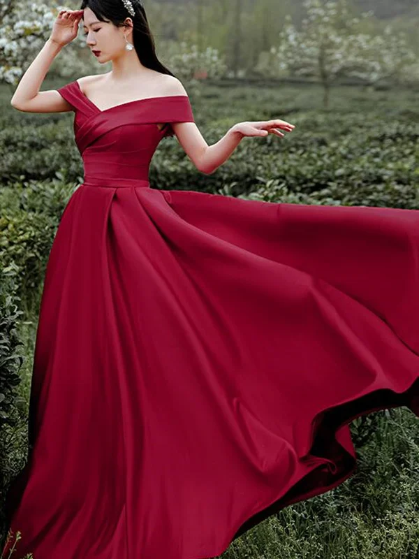Unmissable Offer Off Shoulder Burgundy Satin Long Prom Dresses, Off the Shoulder Burgundy Formal Evening Dresses