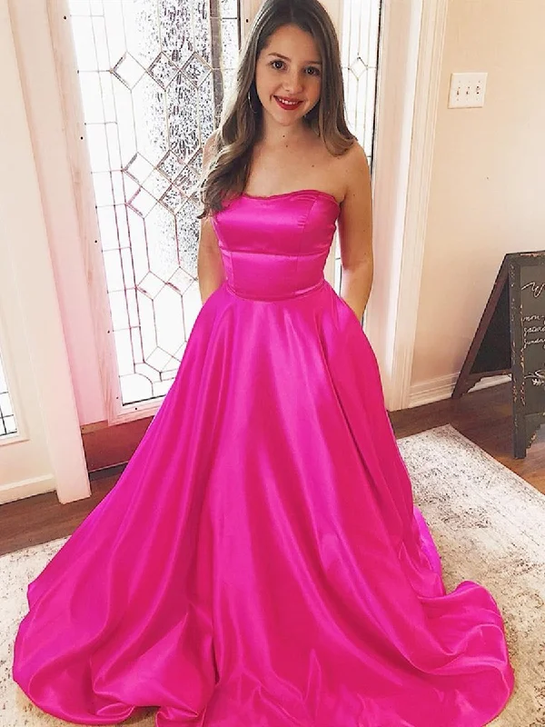 Super Sale Strapless Fuchsia Satin Long Prom Dresses with Pocket, Hot Pink Long Formal Evening Dresses Super Sale Strapless Fuchsia Satin Long Prom Dresses with Pocket, Hot Pink Long Formal Evening Dresses