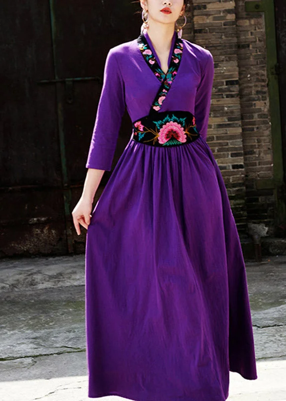 velvet dressvelvet dressElegant Purple V Neck Embroideried Floral Zippered Wrinkled Maxi Dresses Fall