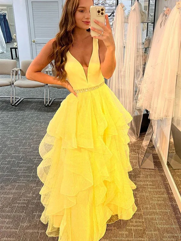 Blowout Deals V Neck Layered Yellow Tulle Long Prom Dresses with Belt, V Neck Yellow Formal Graduation Evening Dresses SP2296 Blowout Deals V Neck Layered Yellow Tulle Long Prom Dresses with Belt, V Neck Yellow Formal Graduation Evening Dresses SP2296