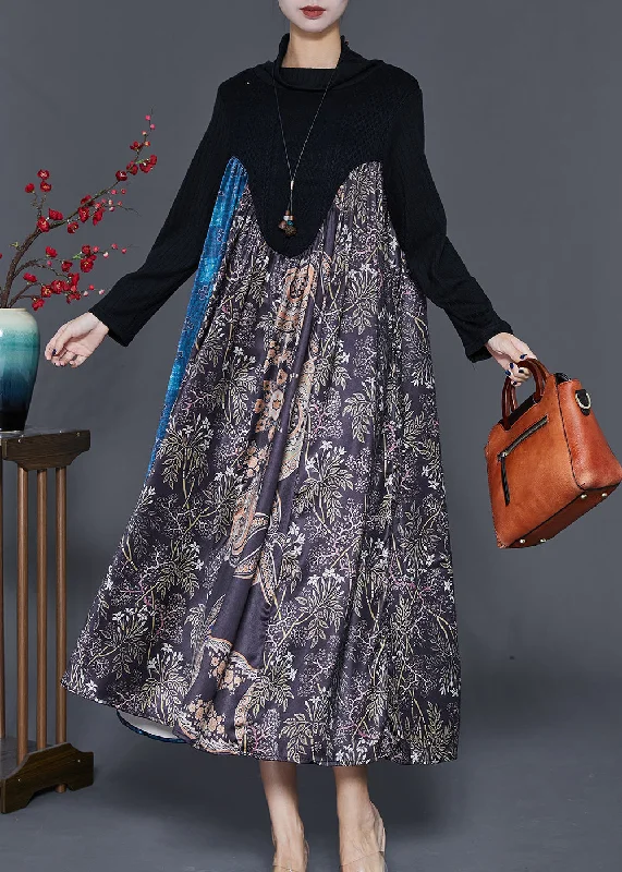 Instant Discount Unique Black Turtle Neck Patchwork Knit Maxi Dresses Fall