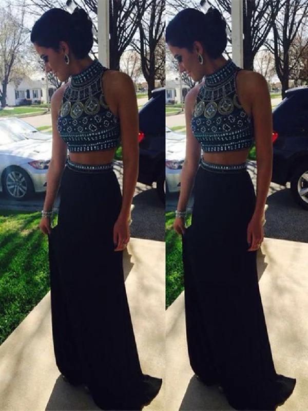 Bargain Bin Custom Made High Neck Black Two Pieces Long Prom Dresses, 2 Pieces Formal Dresses Bargain Bin Custom Made High Neck Black Two Pieces Long Prom Dresses, 2 Pieces Formal Dresses
