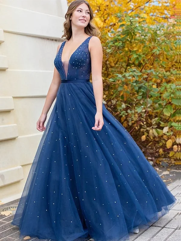 Warehouse Sale A Line V Neck Beaded Navy Blue Long Prom Dresses, V Neck Dark Blue Tulle Long Formal Evening Dresses Warehouse Sale A Line V Neck Beaded Navy Blue Long Prom Dresses, V Neck Dark Blue Tulle Long Formal Evening Dresses