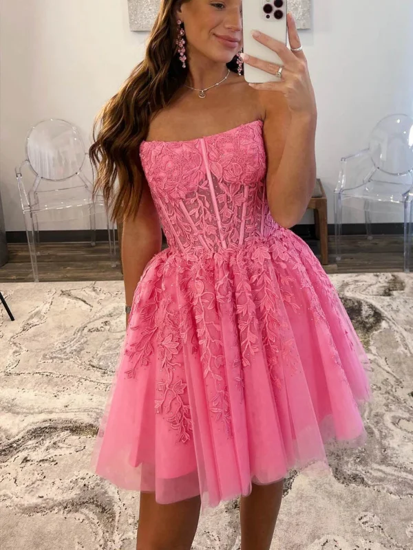 cocktail dresscocktail dressStrapless Hot Pink Lace Prom Dresses, Hot Pink Lace Homecoming Dresses, Short Hot Pink Formal Graduation Evening Dresses SP2752