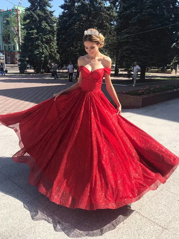 Markdowns Shiny Off Shoulder Red Long Prom Dresses, Off the Shoulder Red Formal Dresses, Sparkly Red Evening Dresses