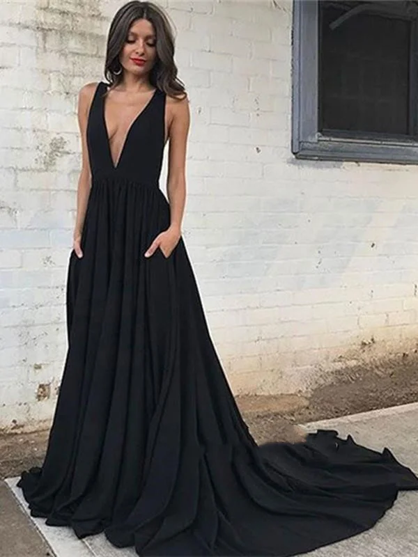 Discount Extravaganza Black V Neck Backless Prom Dress with Train, Black Backless Formal Dress, Graduation Dresses