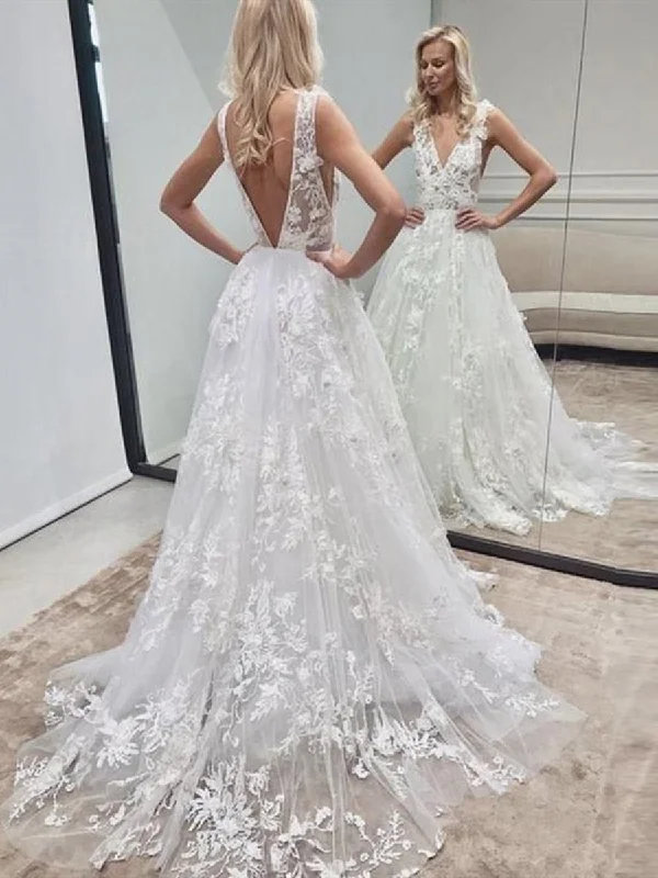 Midnight Madness A Line V Neck Backless White Lace Wedding Dresses, Open Back White Lace Prom Formal Dresses