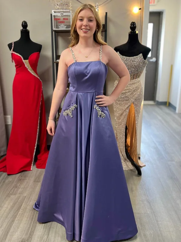 textured dresstextured dressA Line Open Back Purple Satin Long Prom Dresses with Pocket, Beaded Purple Formal Graduation Evening Dresses SP3079