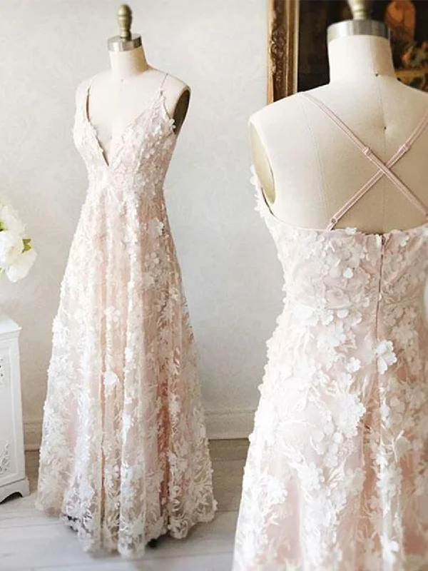 Final Clearance A Line V Neck Floor Length Lace Light Pink Long Prom Dresses, Light Pink Lace Formal Dresses, Evening Dresses 2019