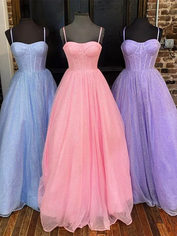 Great Bargains A Line Spaghetti Straps Blue/Pink/Lilac Tulle Long Prom Dresses, Shiny Blue/Pink/Lilac Formal Evening Dresses SP2265