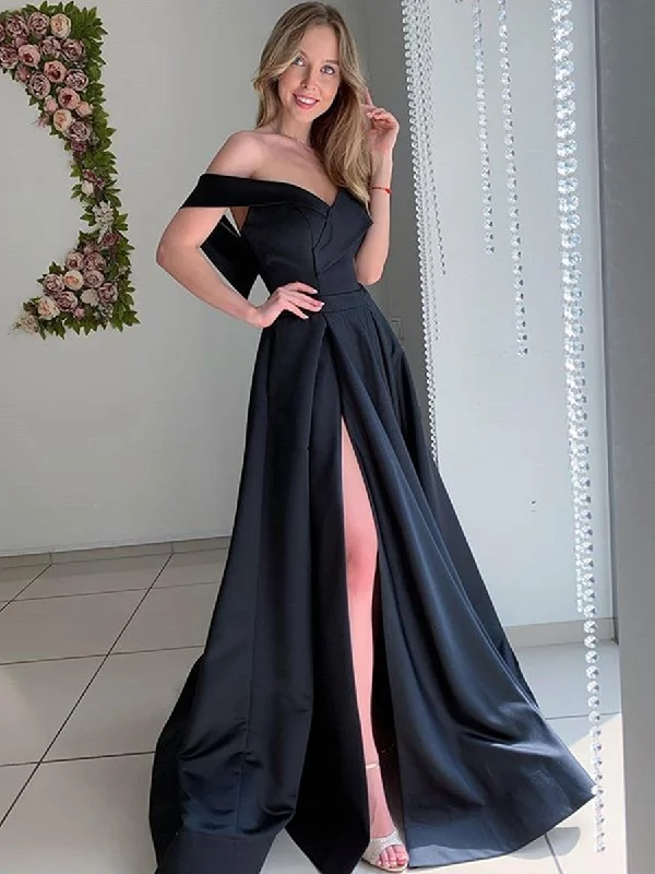 Price Rollback Off Shoulder Black Satin Long Prom Dresses with High Slit, Black Formal Graduation Evening Dresses