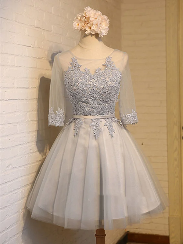Shop and Save A Line Round Neck Short Gray/Pink Lace Prom Dresses, Graduation Dresses, Homecoming Dresses, Bridesmaid Dresses