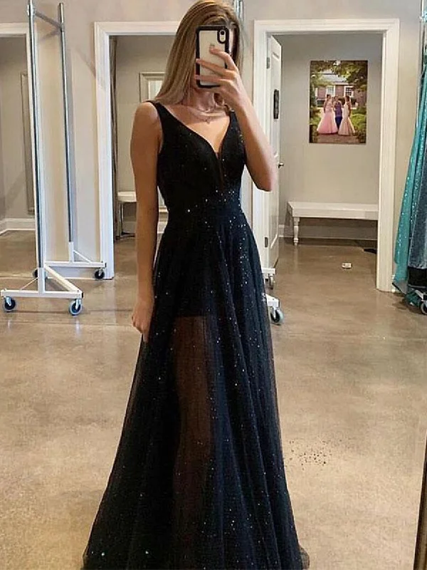 Sale Event Sparkly Black A Line V Neck Sequins Long Prom Dresses, Black Formal Dresses, Graduation Dresses